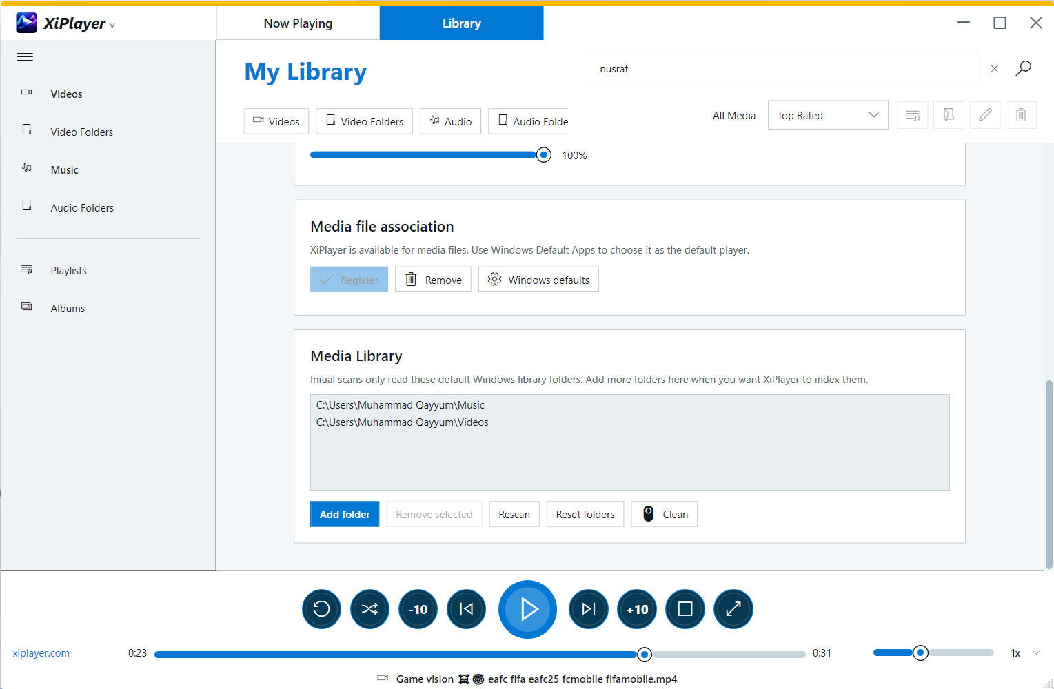 XiPlayer desktop media library locations